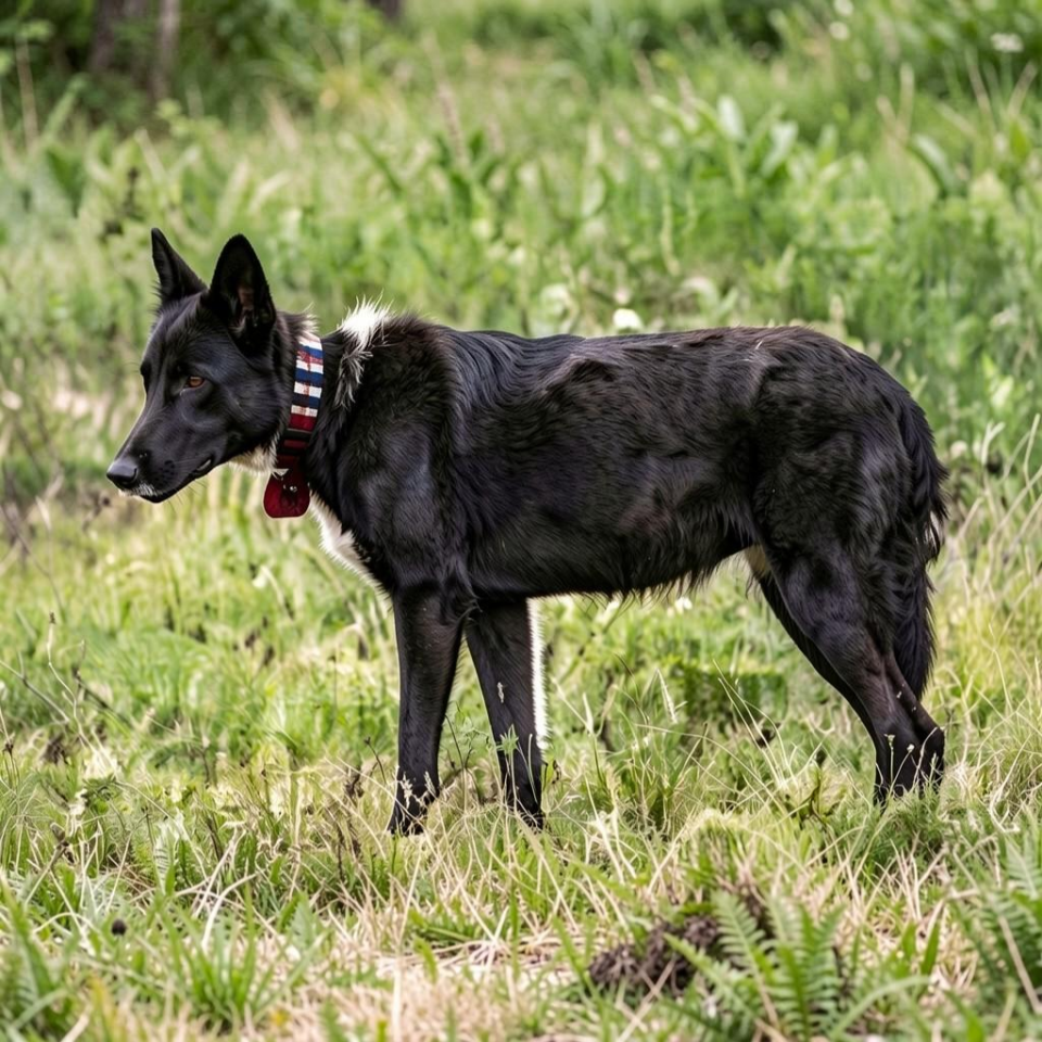 A dog standing in grass.